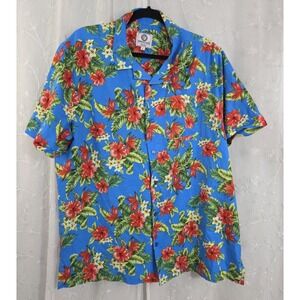 One Resolution Hawaiian Short Sleeve Buttoned Blue Shirt Tropical Flowers Large
